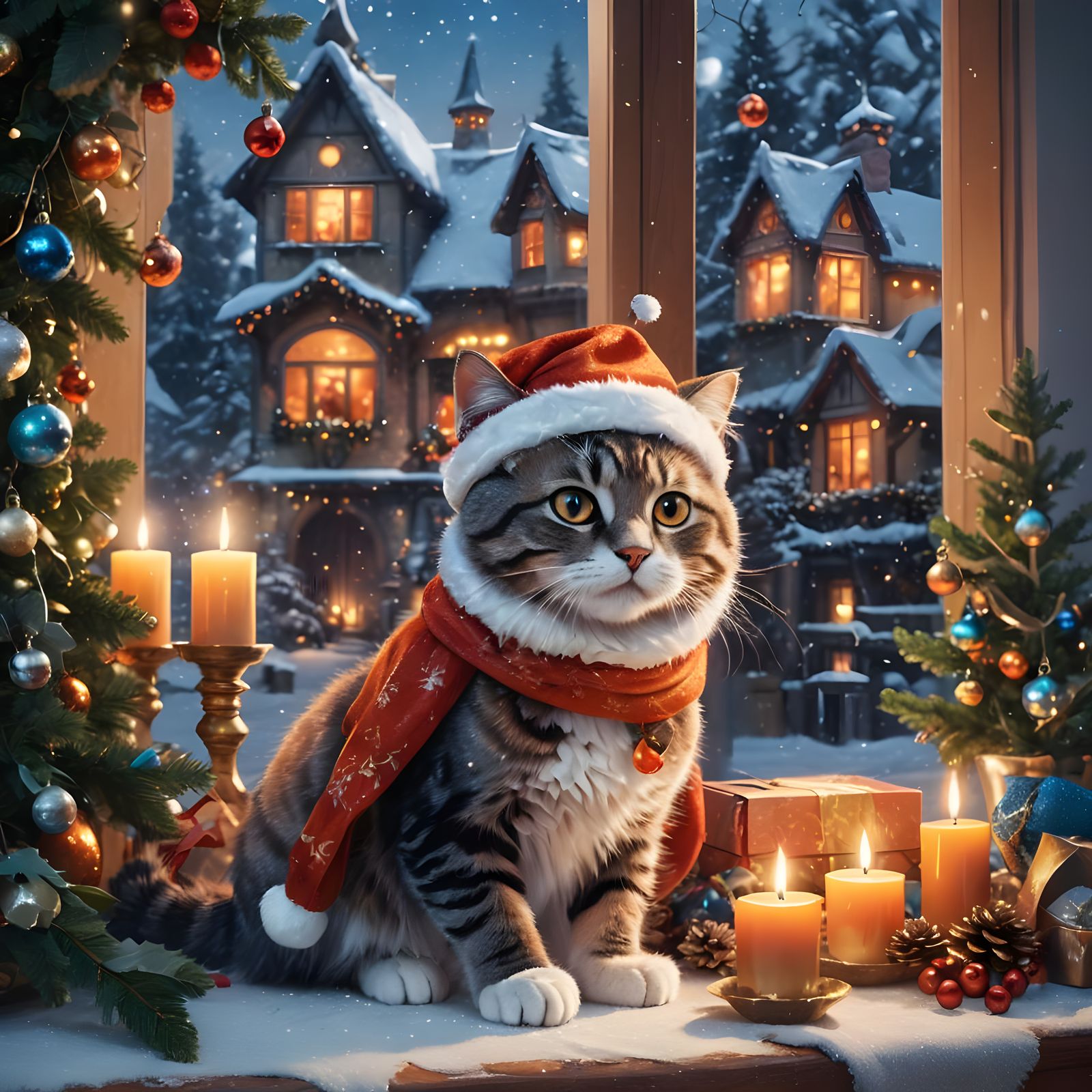 Festive Christmas Cat in Detailed Matte Painting