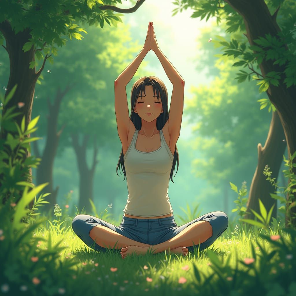 Serenely Healthy Woman in Vibrant Anime Landscape