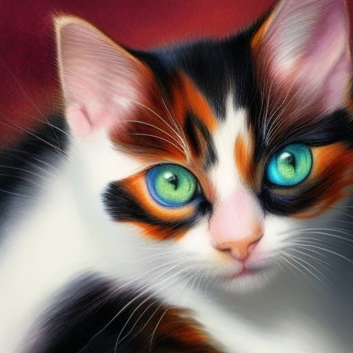 Hyperrealistic Calico Kitten Named Patches in Splash Art