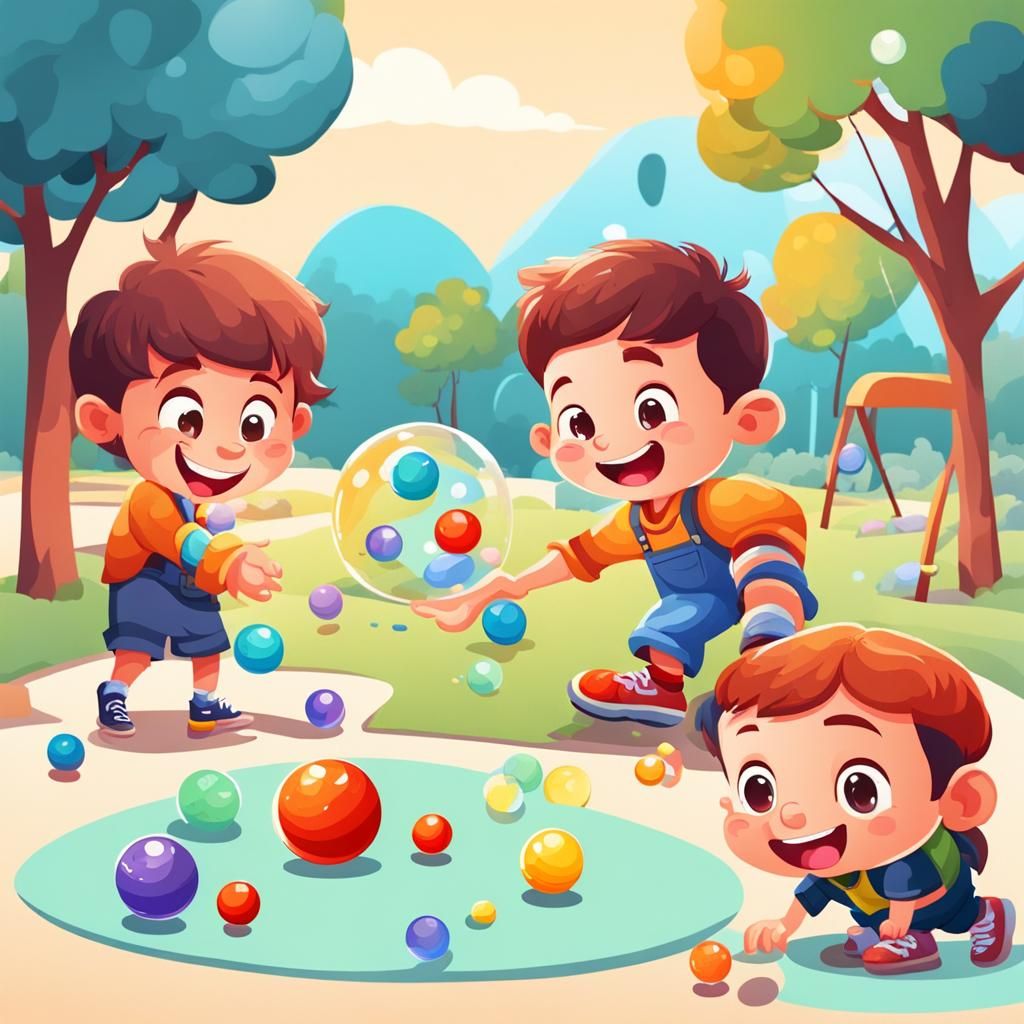 Cartoon Children Playing Marbles at Playground
