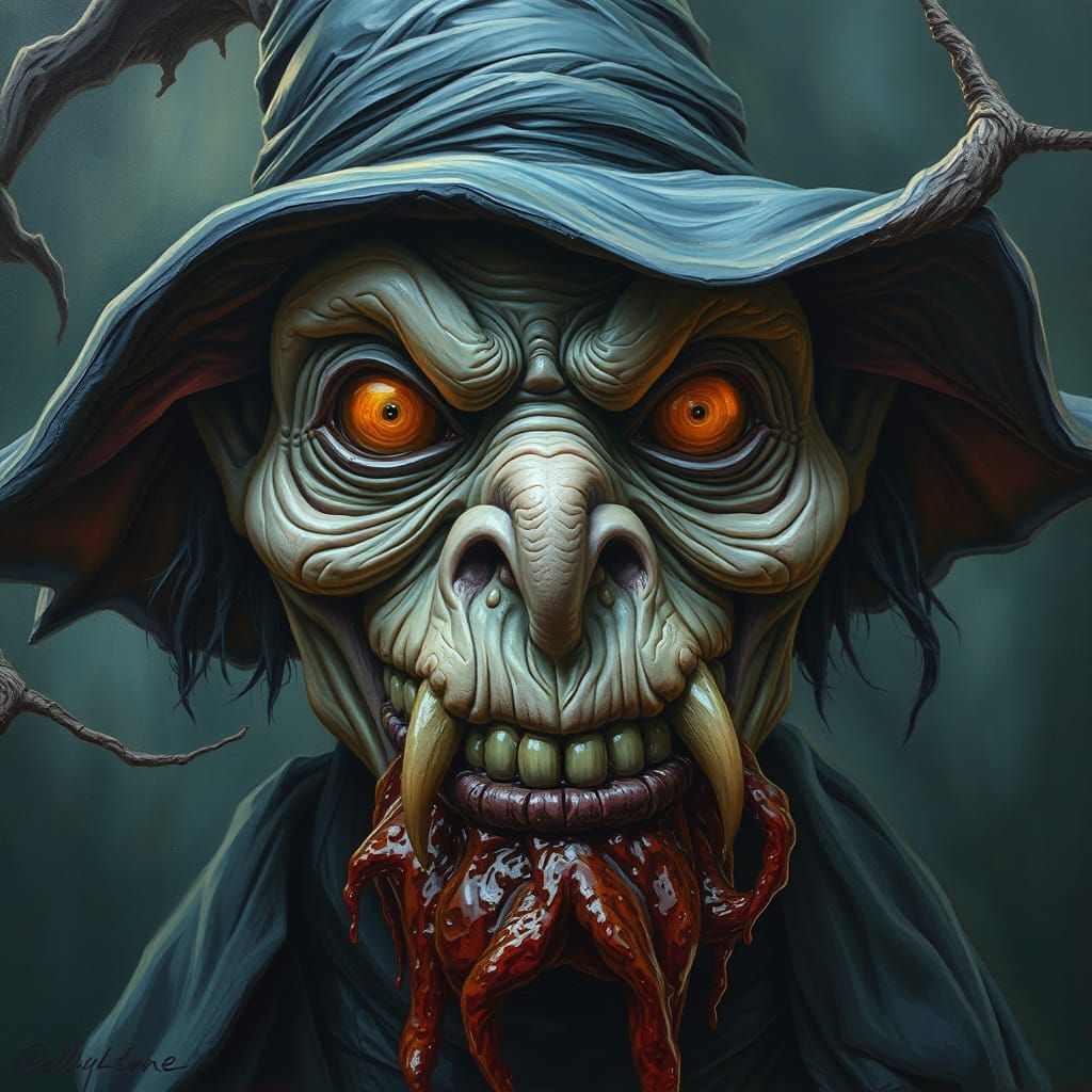 Whimsical Scary Witch with Smirk and Rotten Teeth