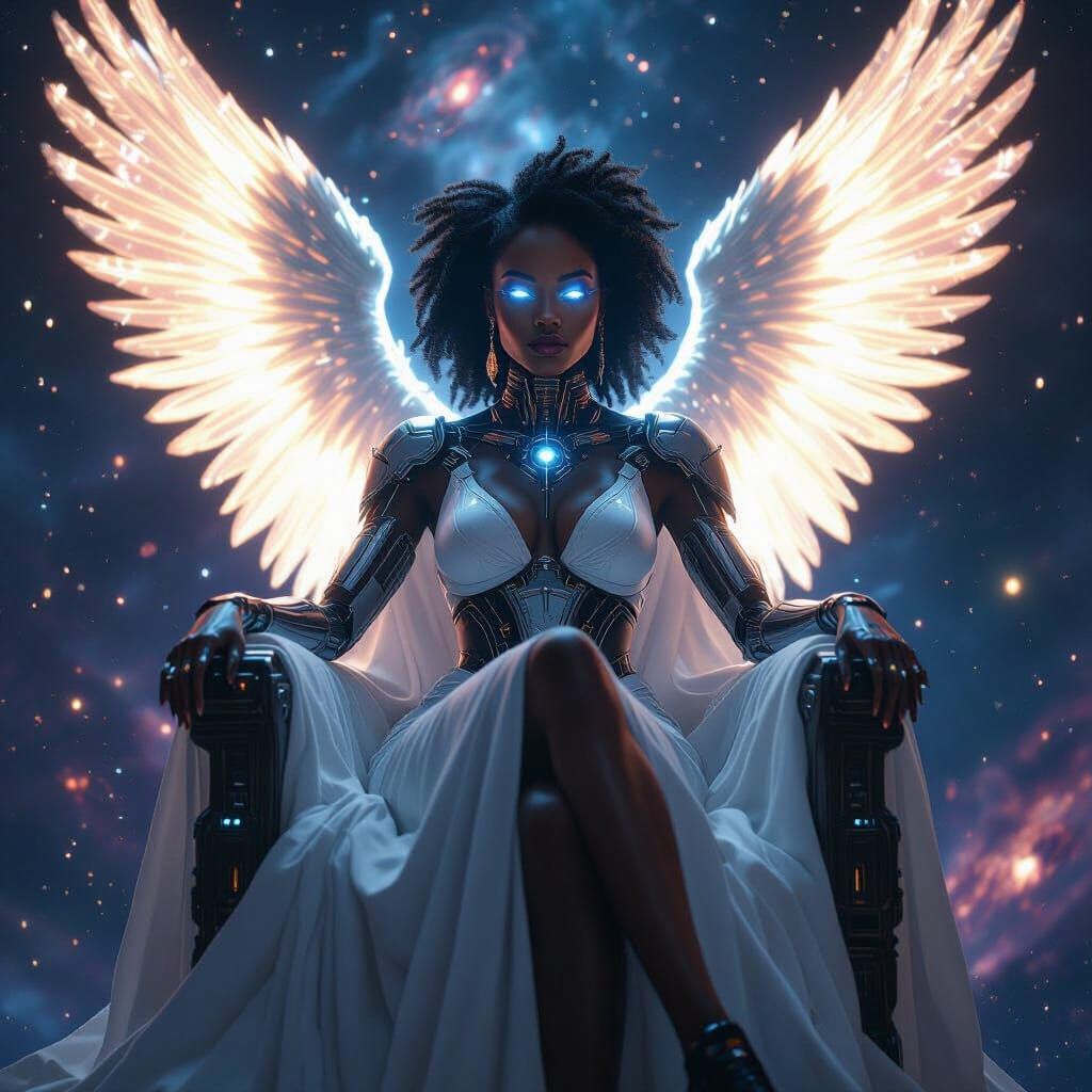 Cybernetic Queen on Star Throne with Angel Wings