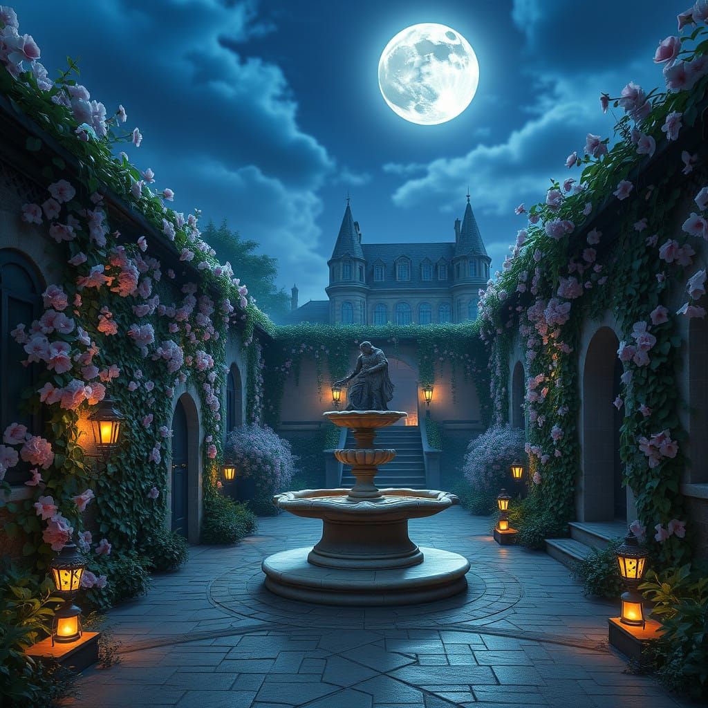 Serene Moonlit Courtyard with Grand Manor