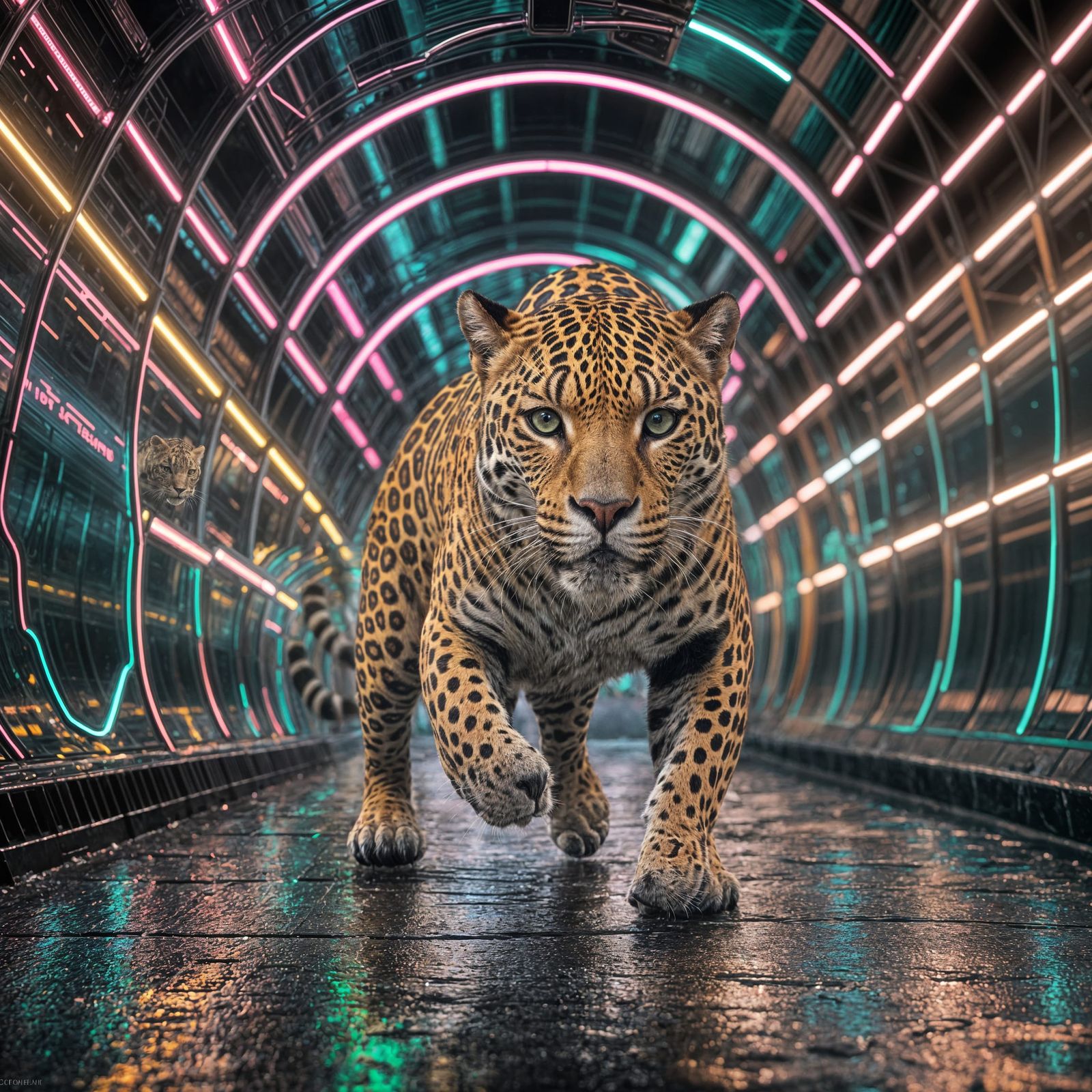 Jaguar Runs Through Neon Tunnel in HDR
