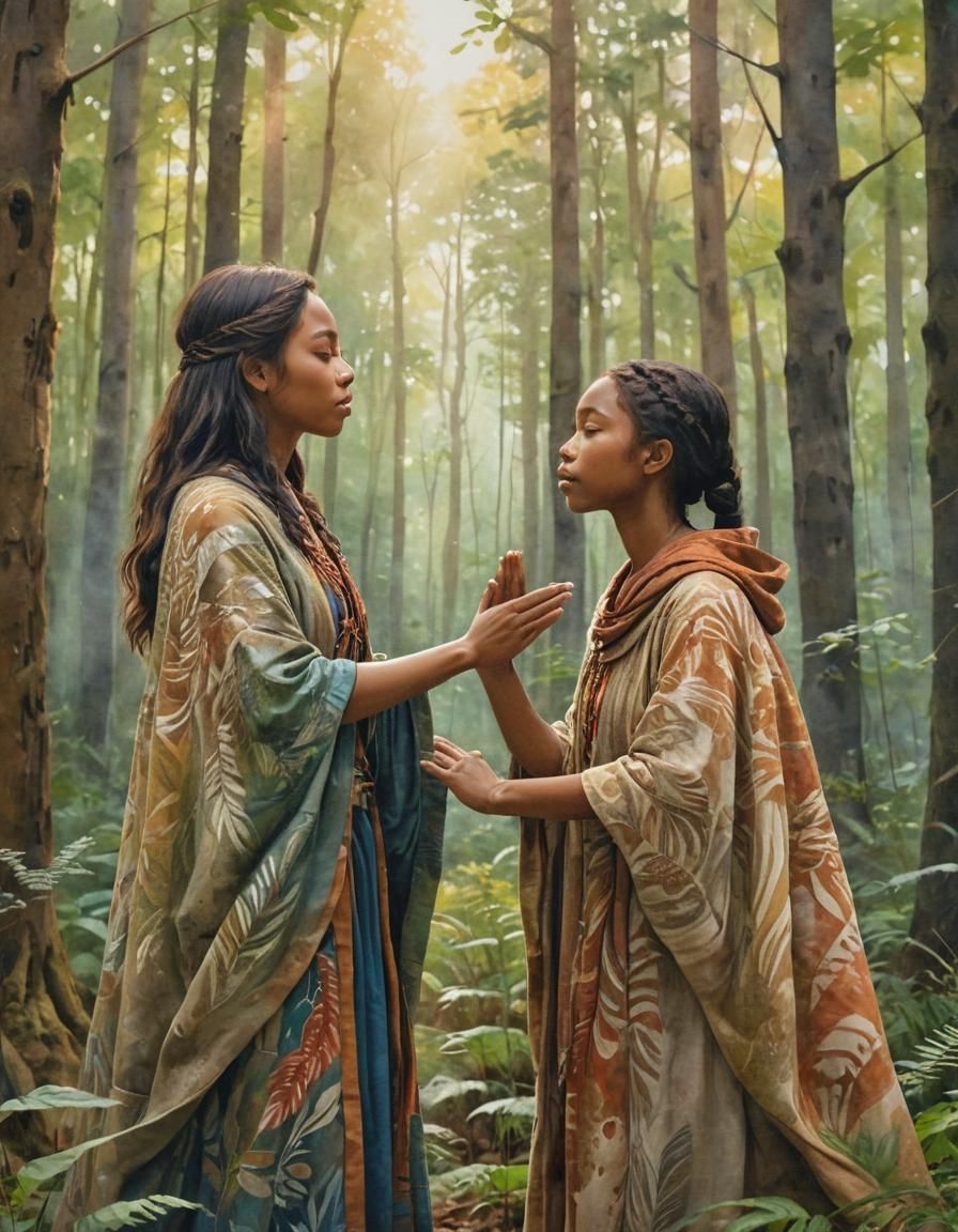 Mystical Ancient Scene in Earthy Watercolor Style