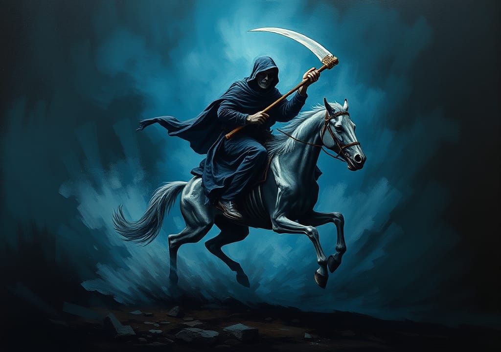 Grim Reaper on Skeletal Horse in Dark Oil Painting