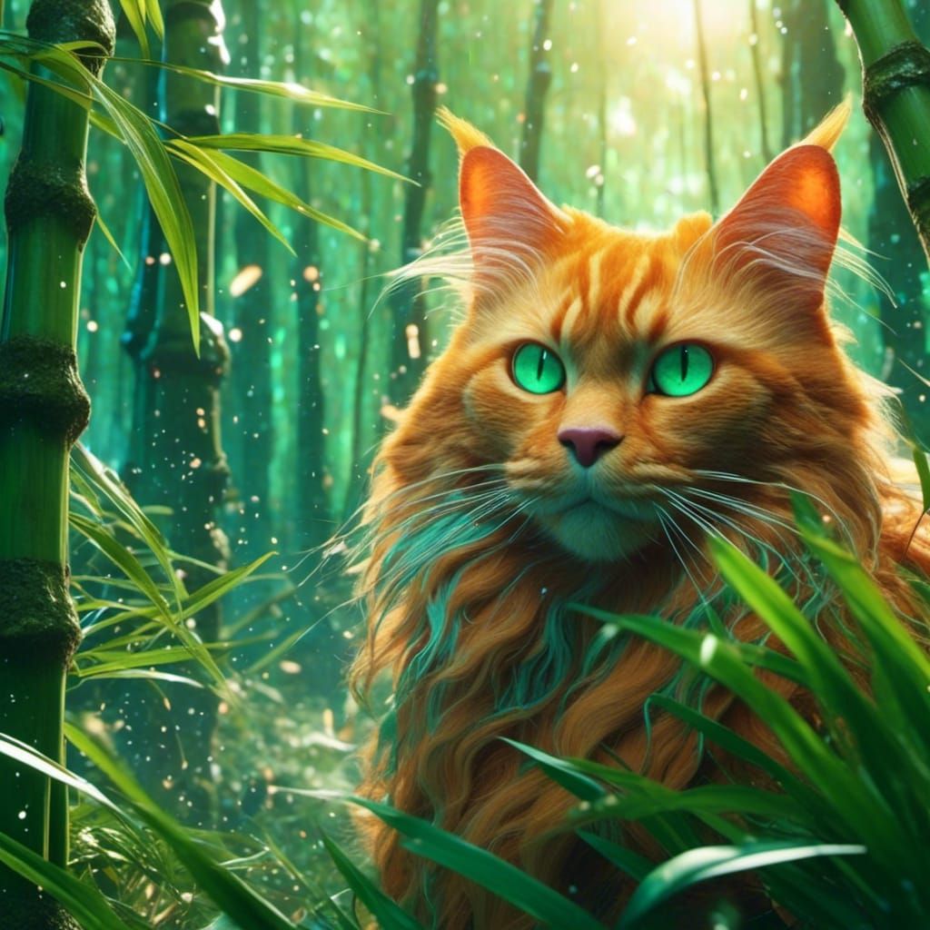 Giant Ginger Cat in Bamboo Forest: Fantasy Art