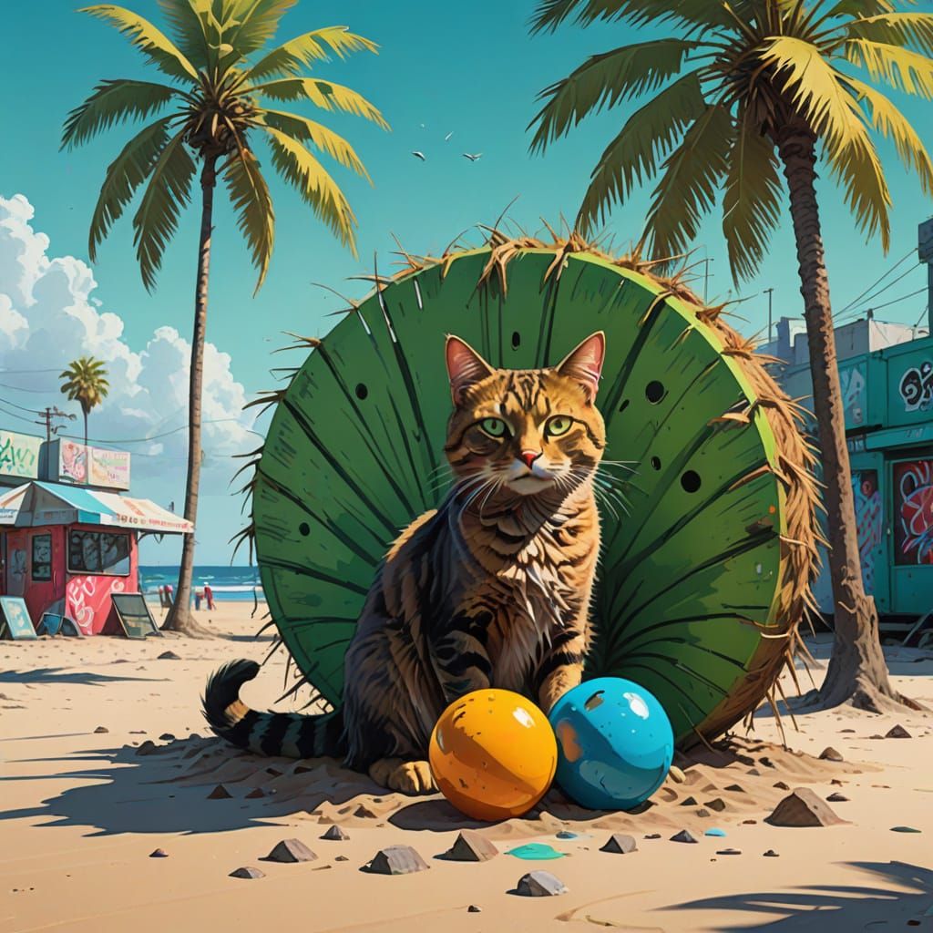 Vibrant Beach Cat in Street Art Style