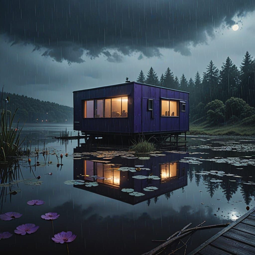 Moody Lake Cabin Amidst Heavy Rain