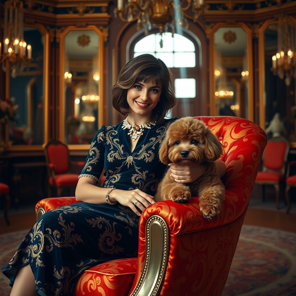 1970s Fashion Photo: Woman and Poodle in Hall of Mirrors