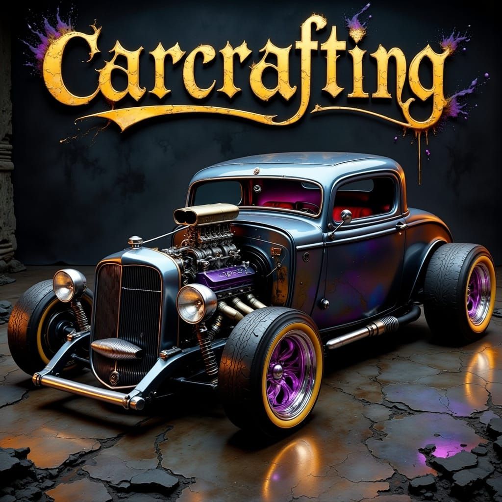 Rebellious Car in Neon-Lit Studio with Industrial Accents