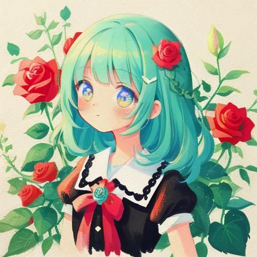 Cute Rose Girl: Detailed Gouache Painting