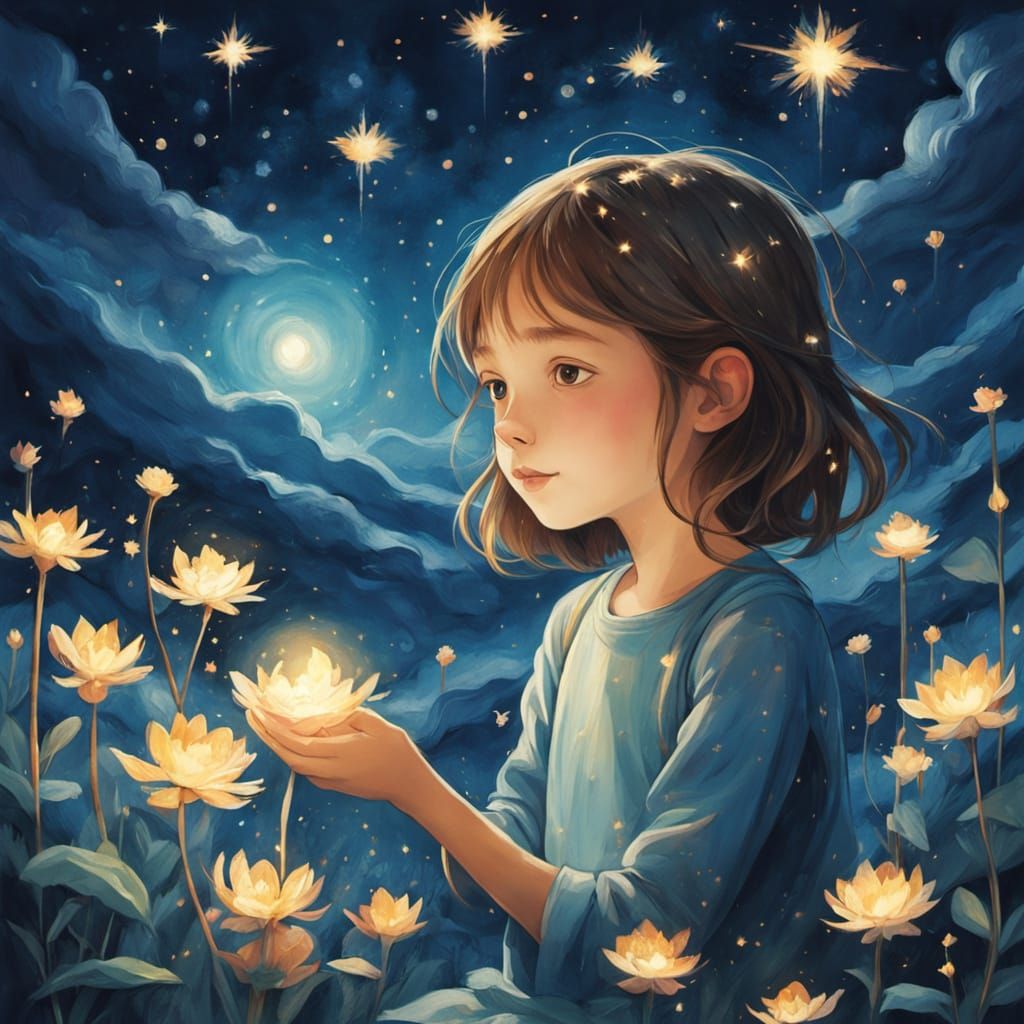 Young Girl Plants Glowing Stars in Whimsical Night Sky