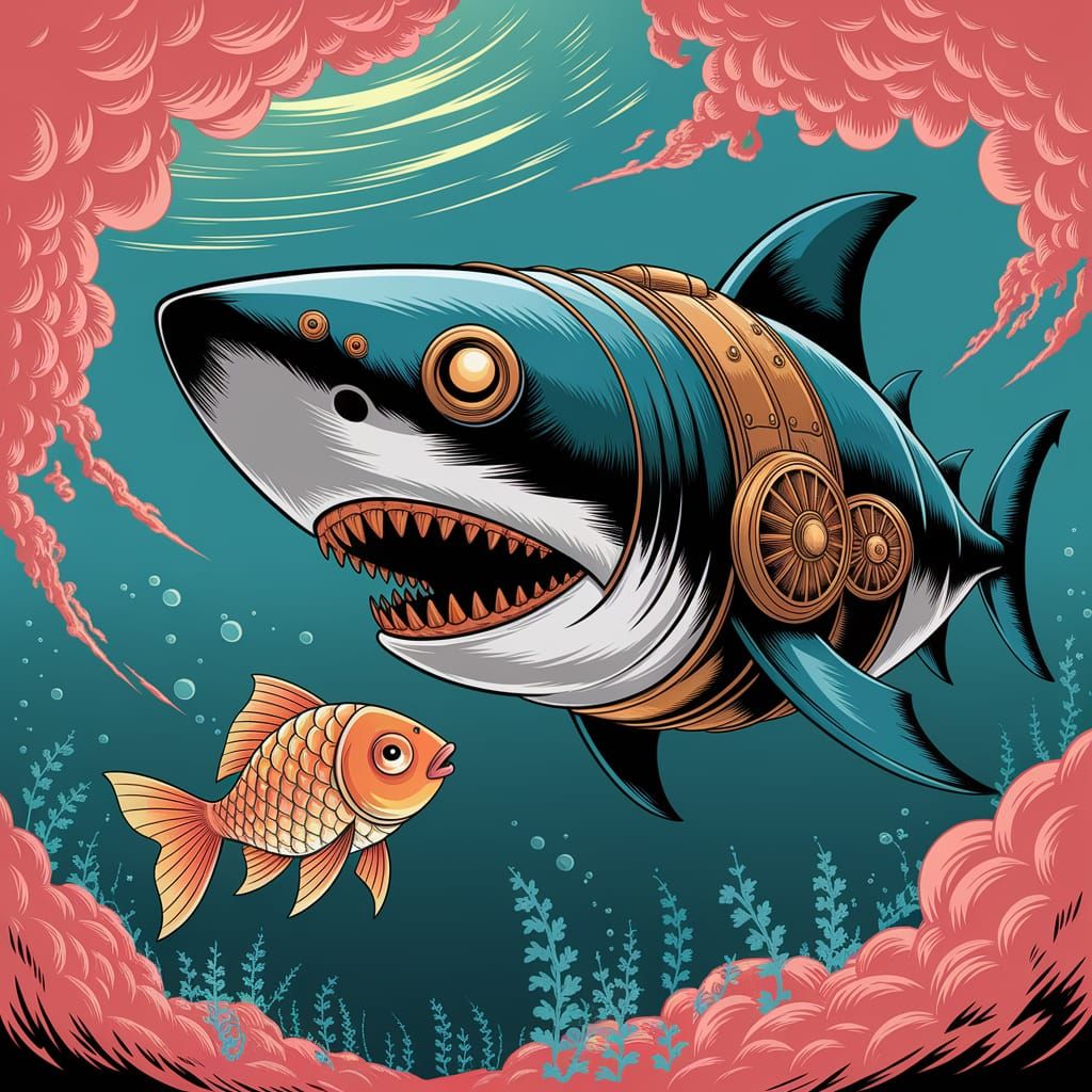 Goldfish Escapes Shark Steampunk Engine in Cartoon Style