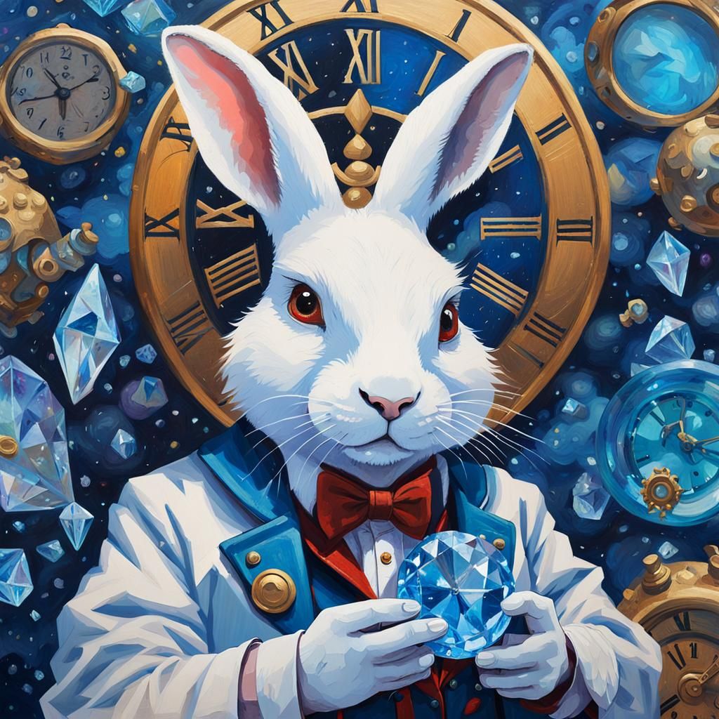 White Rabbit Time Keeper in Impressionist Gouache Style