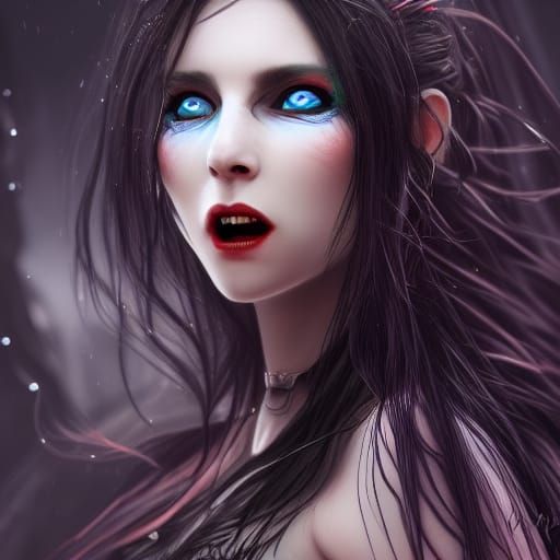 Vampire Woman with Long Black Hair, Detailed Painting