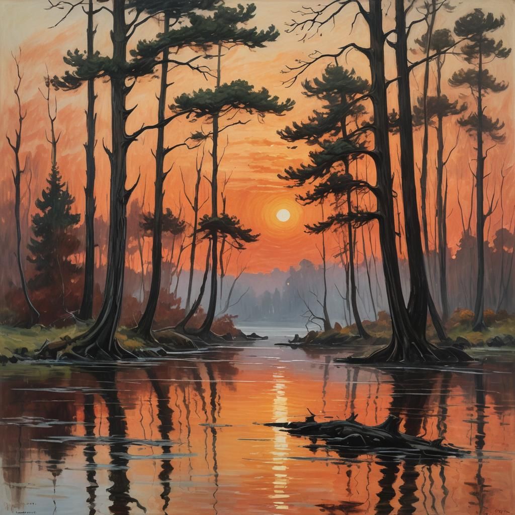 Fiery Sunset Reflection in Impressionistic Style