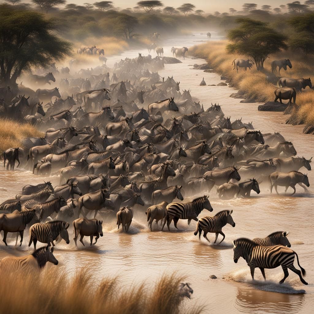 African Migration River Crossing: Dramatic Digital Painting