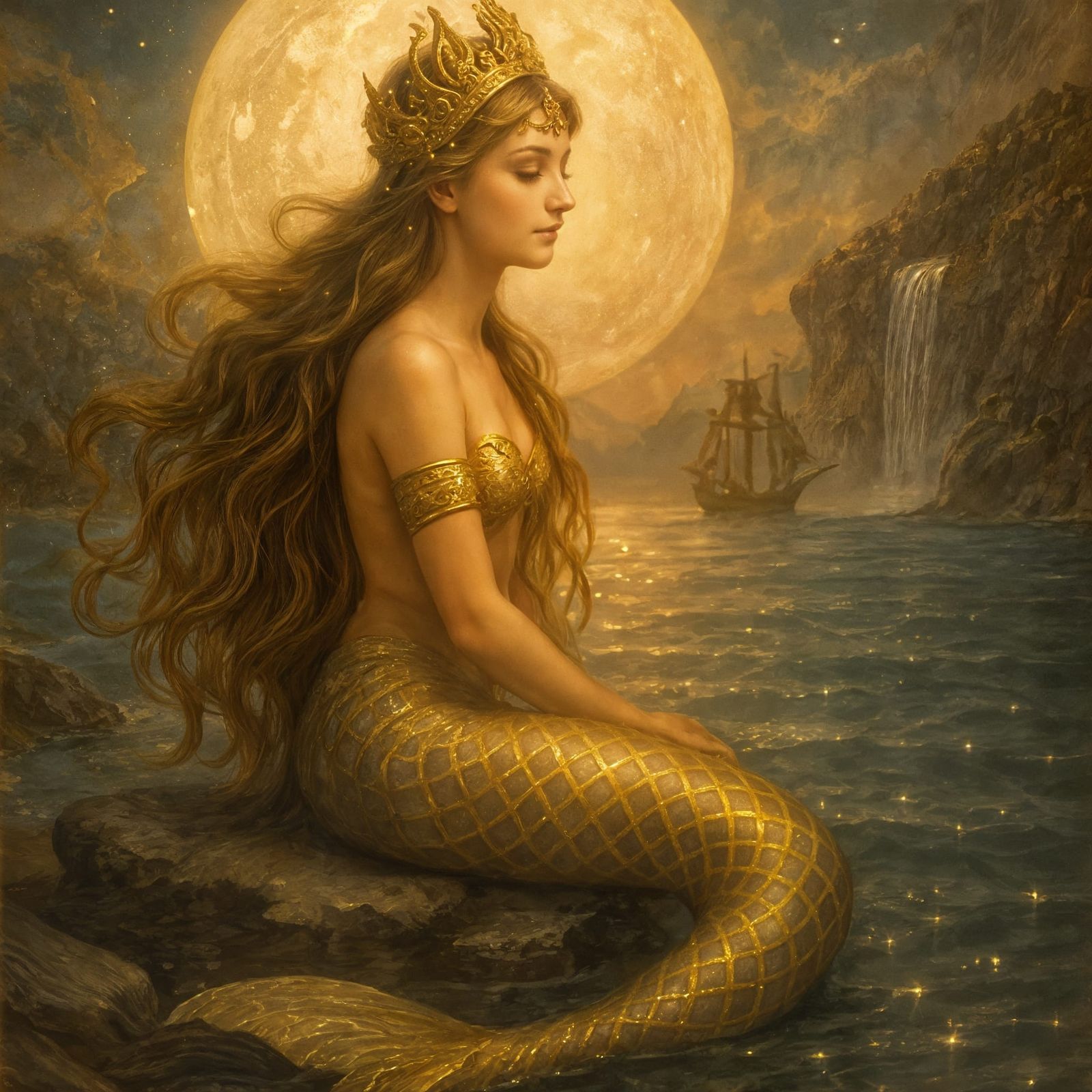Golden Mermaid Under Moonlight in Dreamlike Style