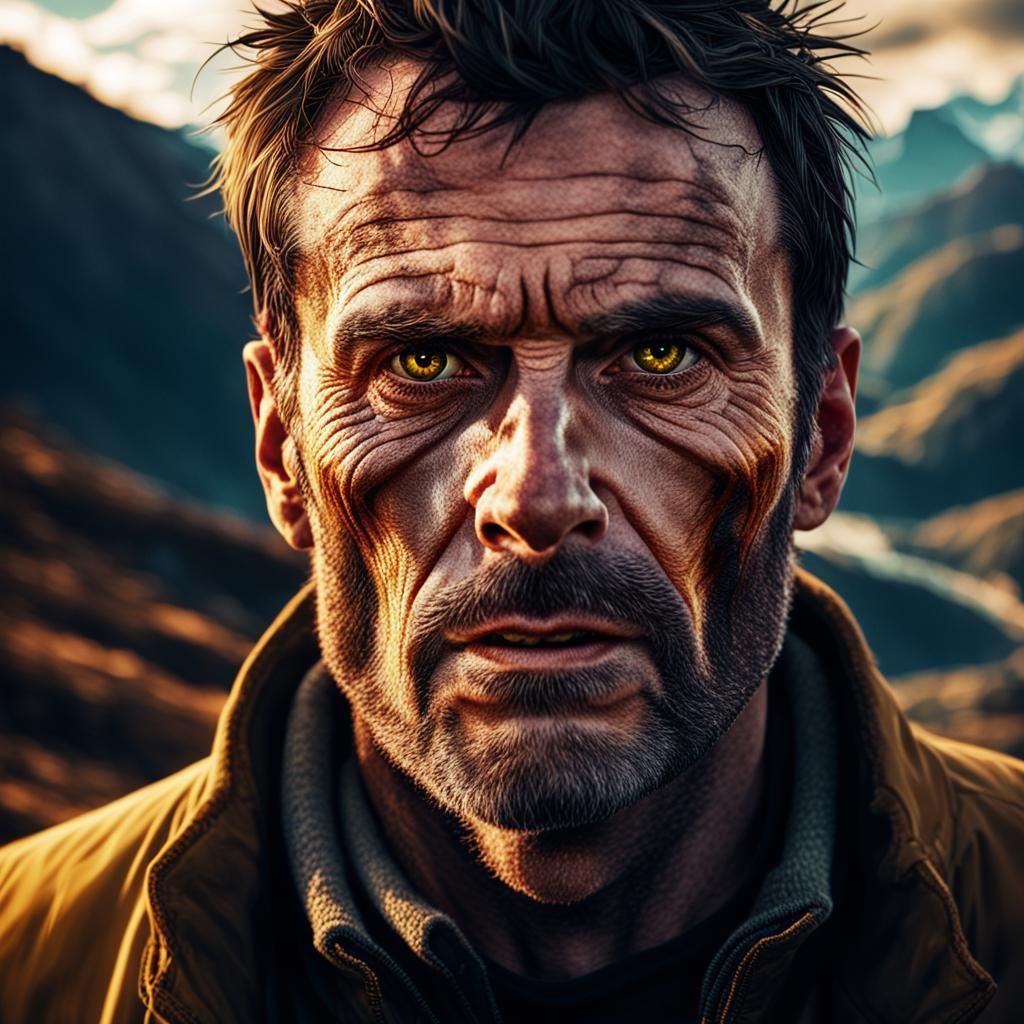 Intense Hyperrealistic Portrait of a Psychopath on a Mountai...