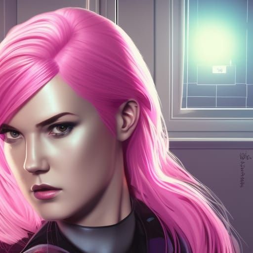 Pink-Haired Cyberpunk Detective in Neo-Noir Office