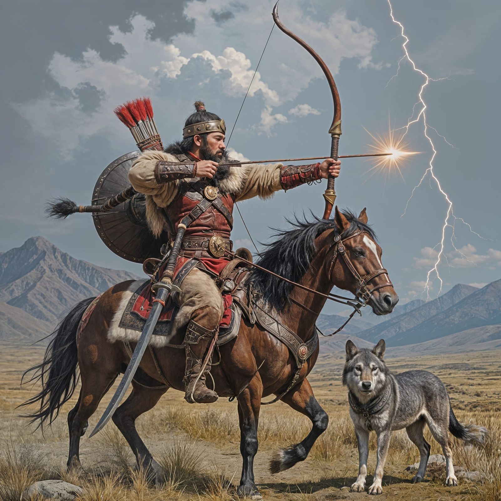 Mongolian Archer on Steppe, Fantasy Art Style