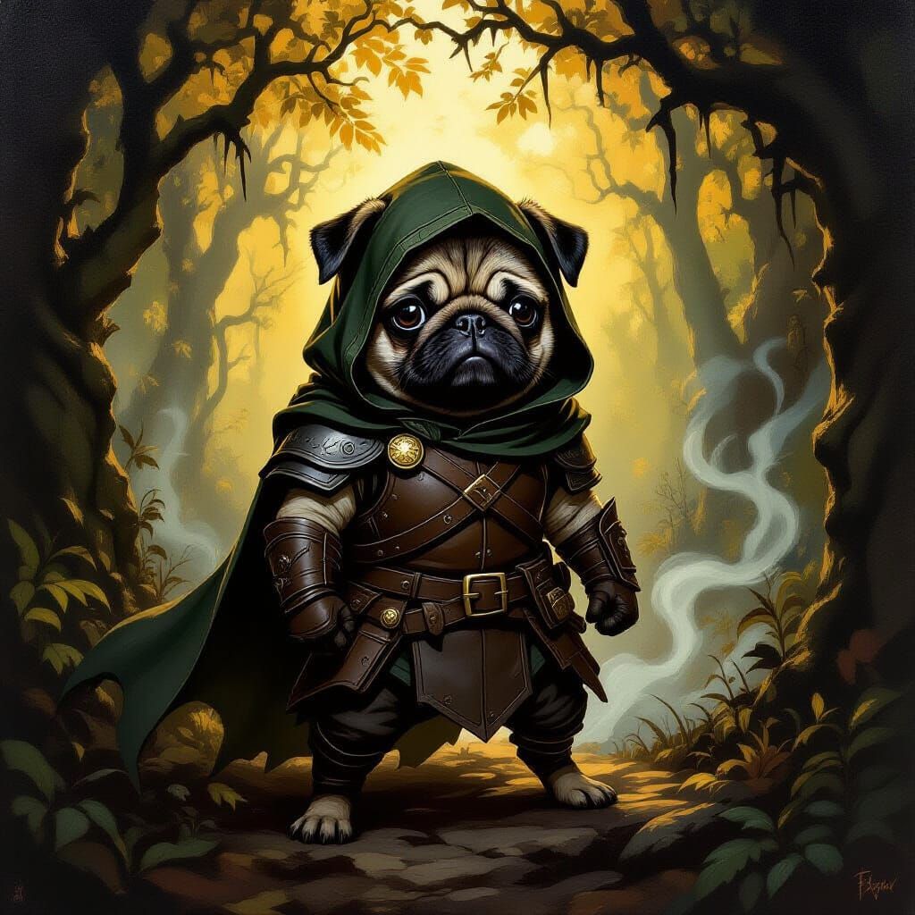 Pug Rogue in Shadowy Forest, Impasto Oil Painting