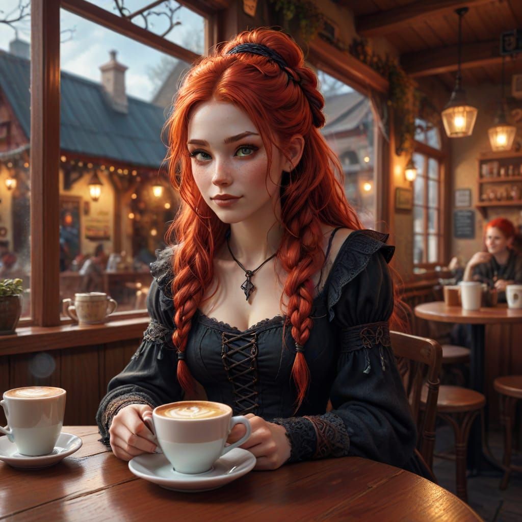 Witch Enjoys Coffee in Cozy Cafe, Fantasy Art