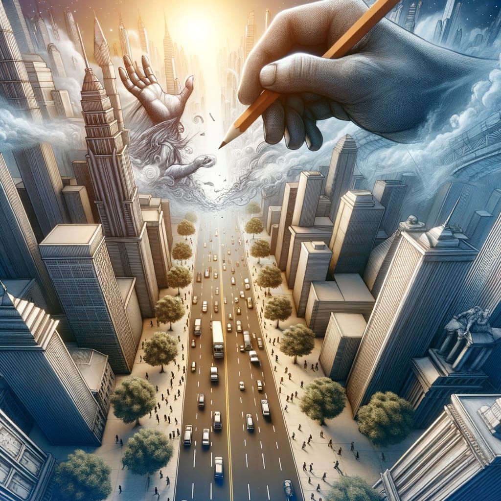 Giant Hand Draws Majestic City from Sky