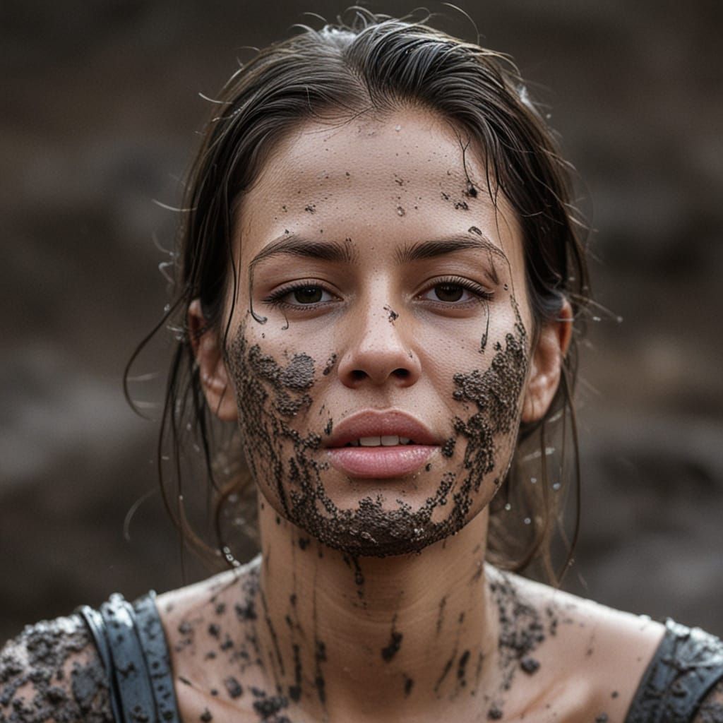 Dreamy Mud Woman Portrait in Heavy Rain