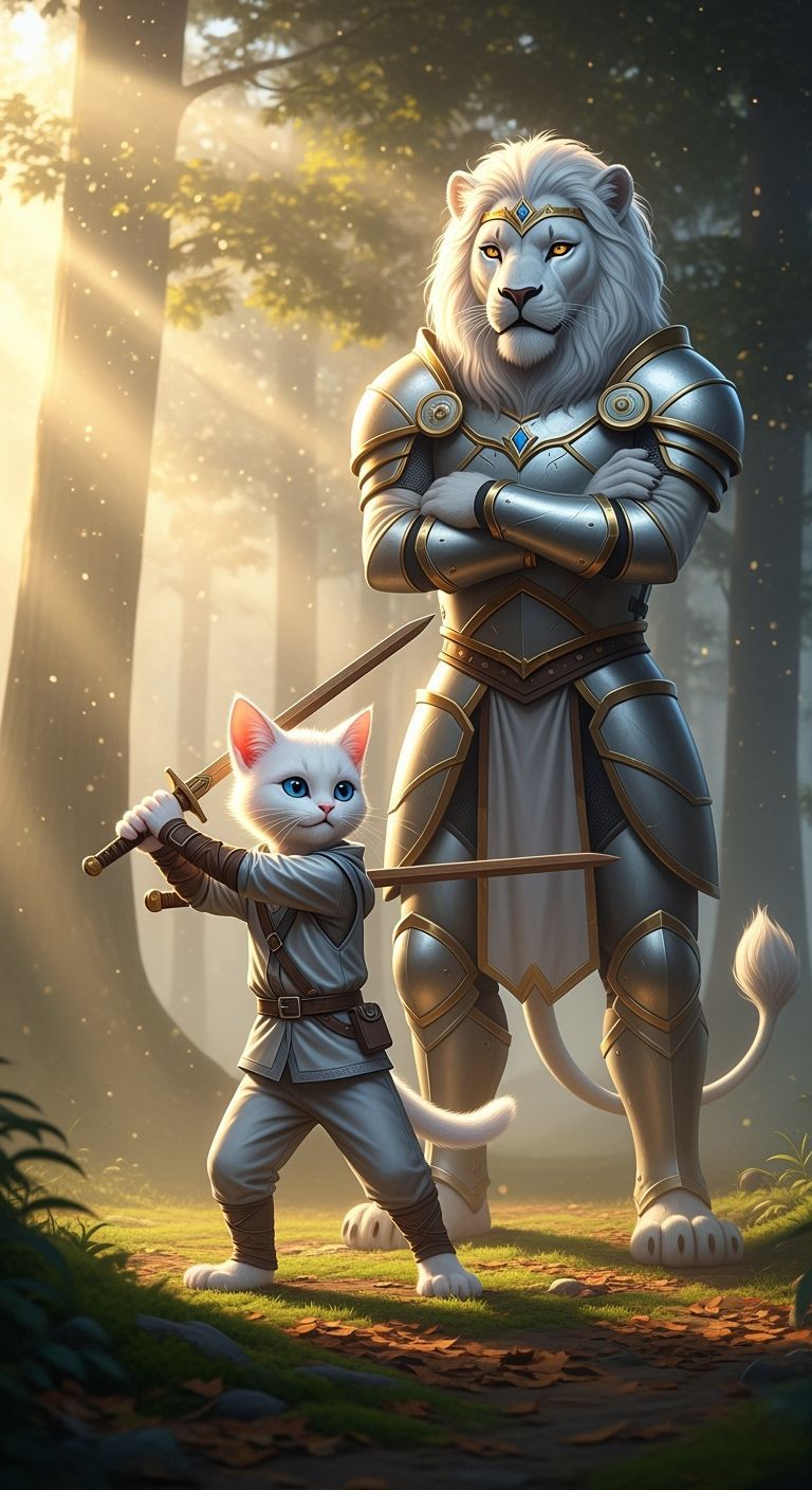 Fantasy Kitten Trains with Lion Mentor in Mystical Forest