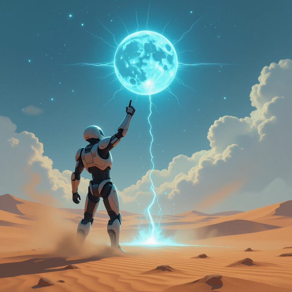 Mechanical Being Conjures Electric Planetoid in Desert Storm