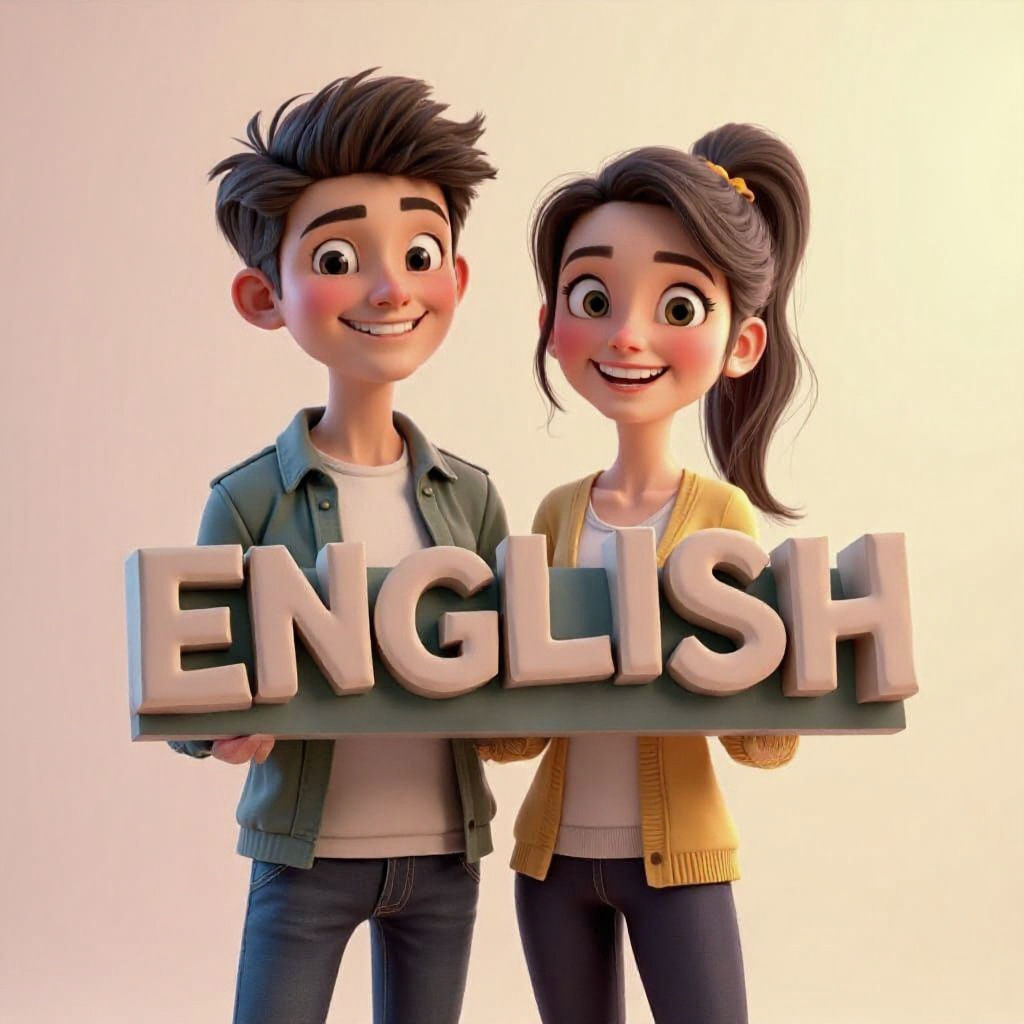 Friendly Characters Presenting "ENGLISH" in Pixar Style