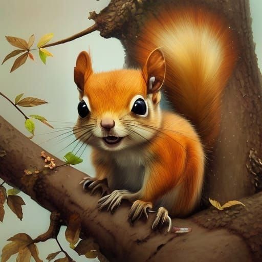 Adorable Baby Squirrel in Tree, Hyperrealistic Art