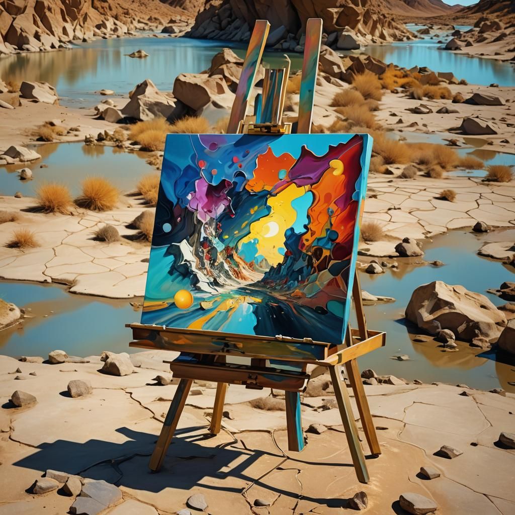 Surreal Abstract Art on Easel in Riverbed