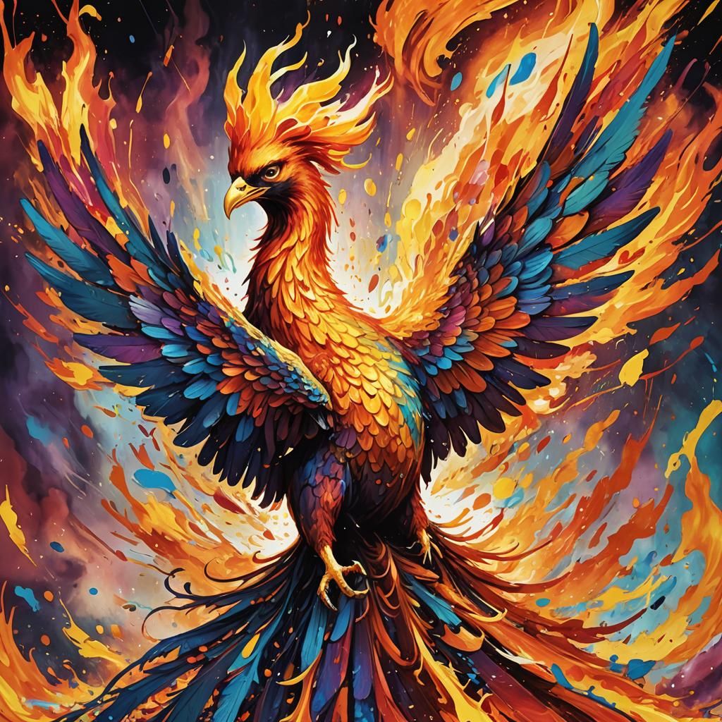 Phoenix Reborn in Holographic Flames: Digital Splash Art