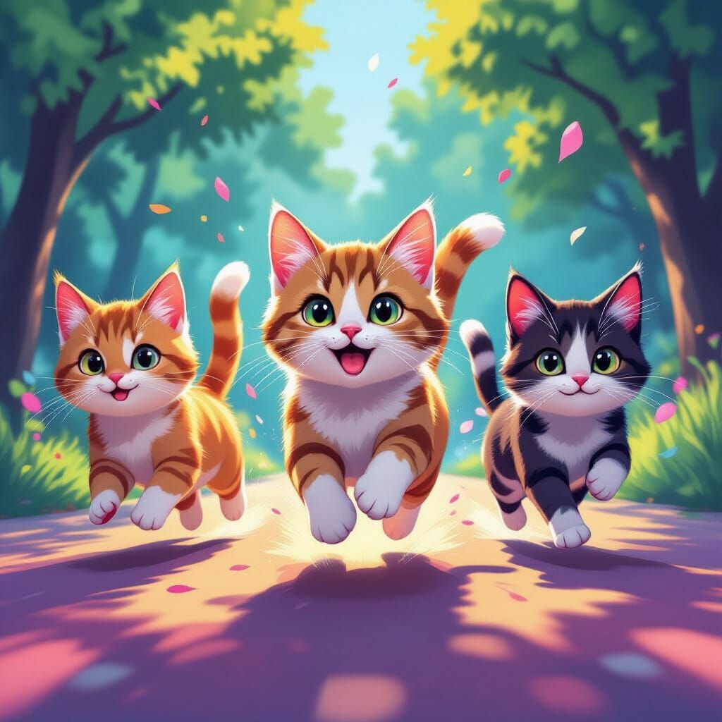 Playful Cats Running in Vibrant Digital Art Scene