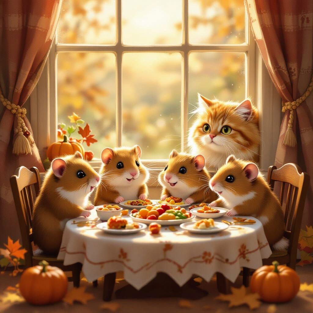 Heartwarming Hamster Thanksgiving Feast with Curious Cat
