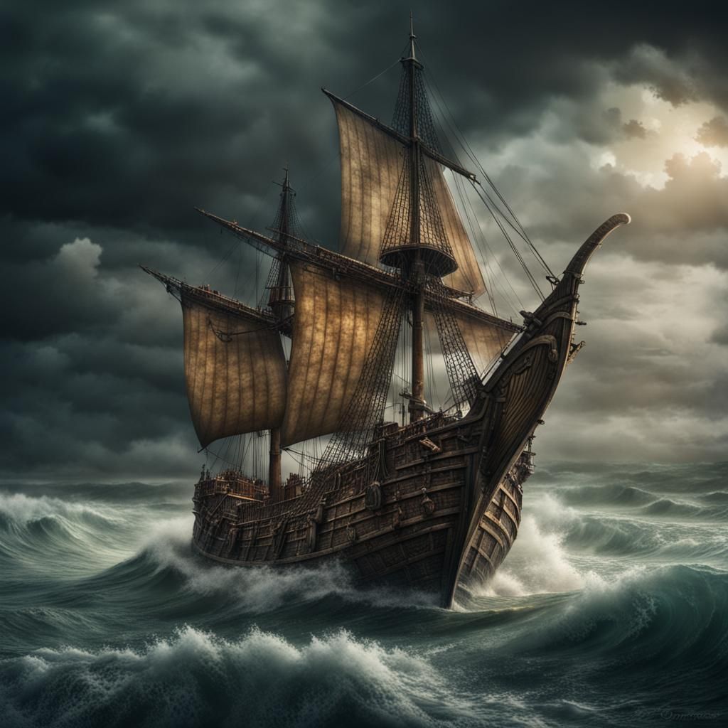 Medieval Ship in Stormy Waters: Epic Digital Painting