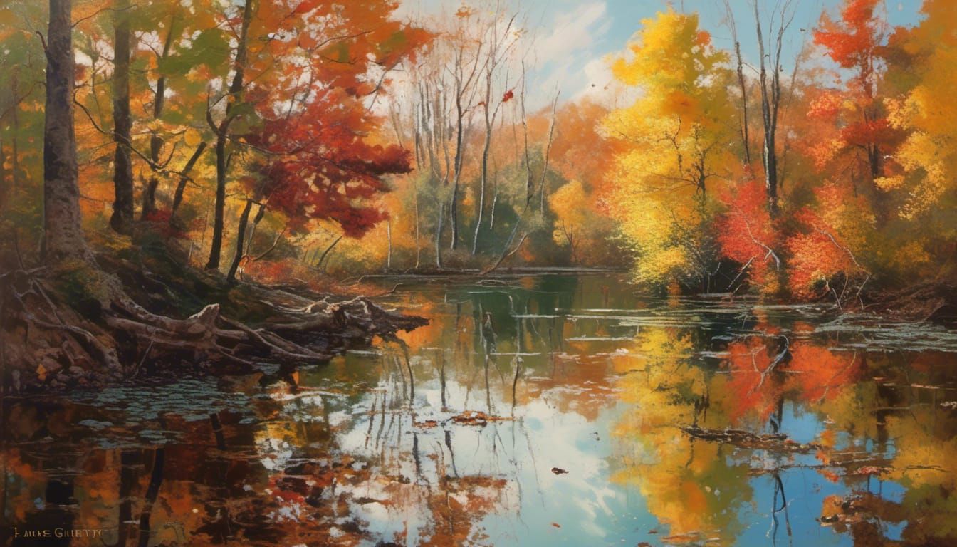 Autumn Reflection: New England Forest in Oil Paint Style