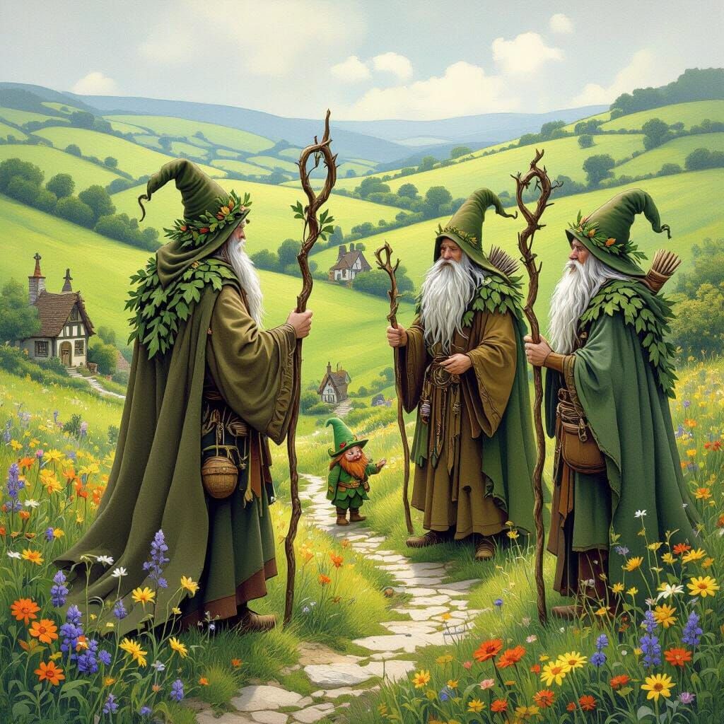 Druids Approach a Leprechaun Village in Storybook Style