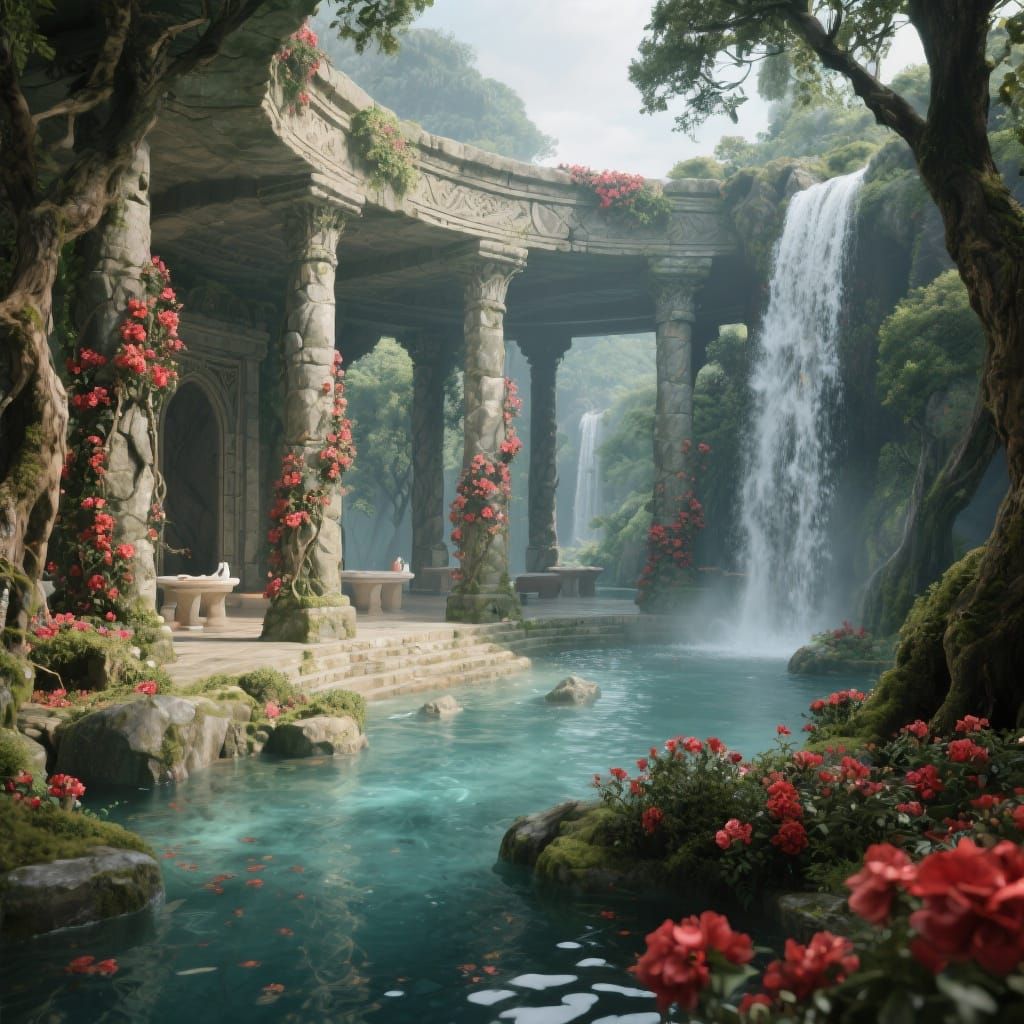 Elven Bathhouse Temple With Waterfalls and Red Flowers