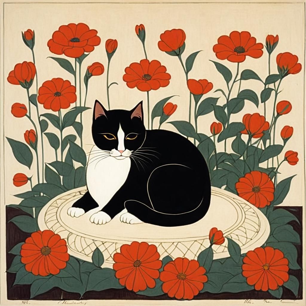 Cat with Flowers and Heart Lights, Stylized Portrait