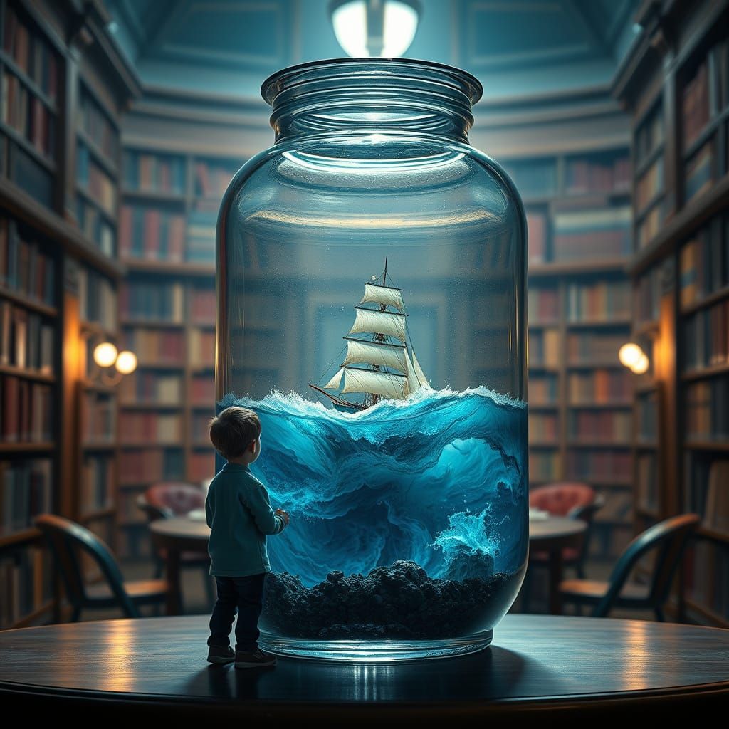 Whimsical Oceanic Scene in a Glass Jar, Observed by a Curiou...