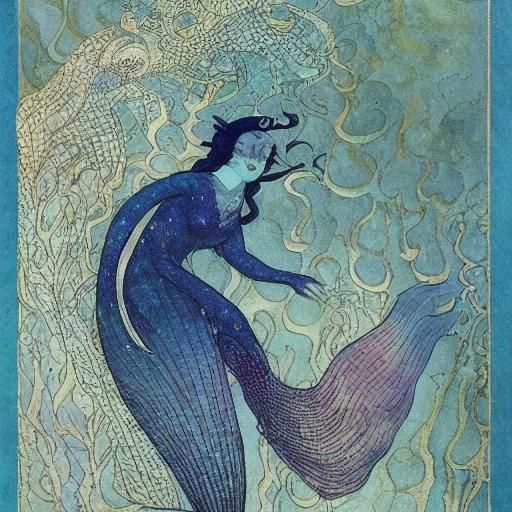Art by Edmund Dulac, majestic underwater depiction of a mermaid with her hippocampus pet, iridescent scales, flowing man...