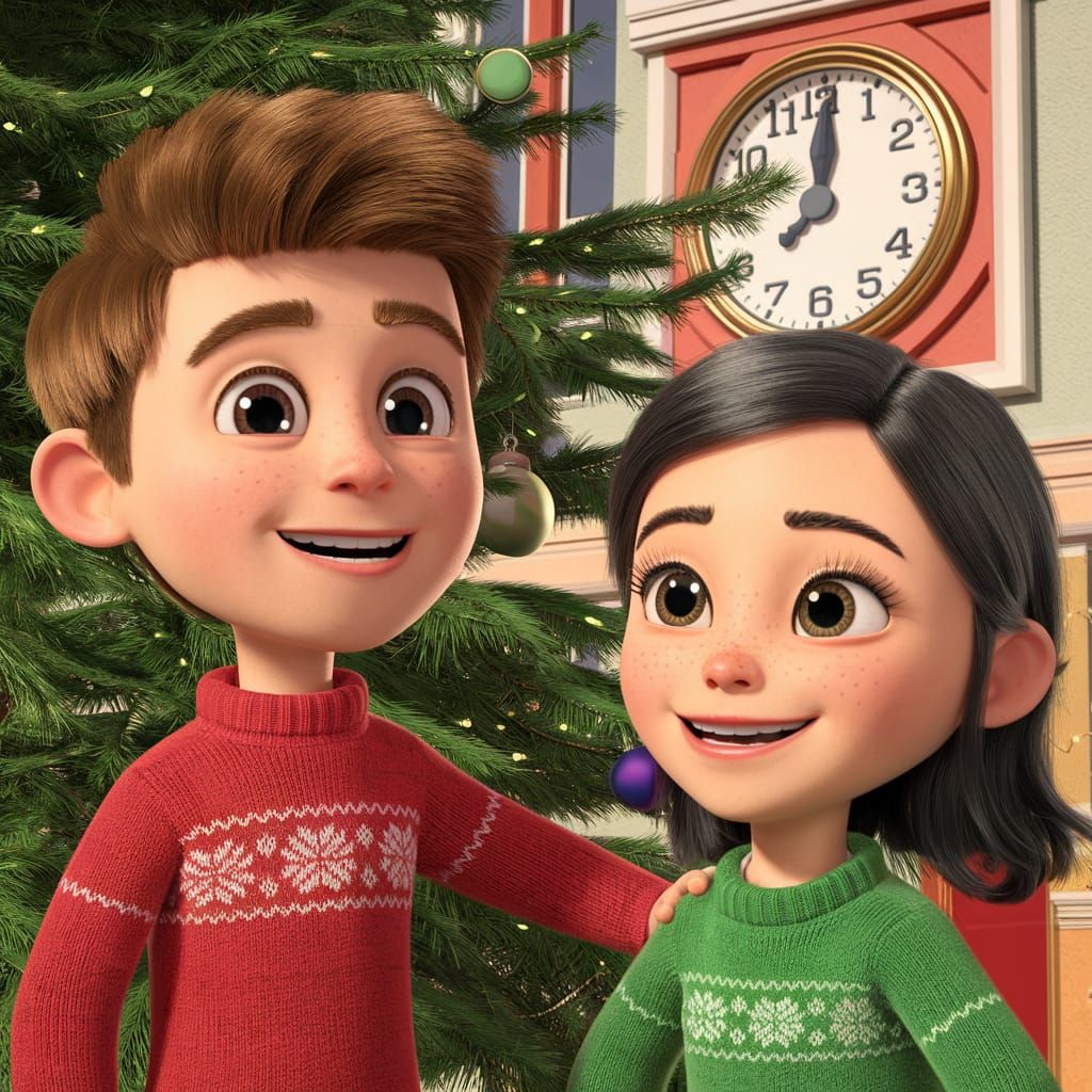 Christmas Scene with Children in 90s Animation Style