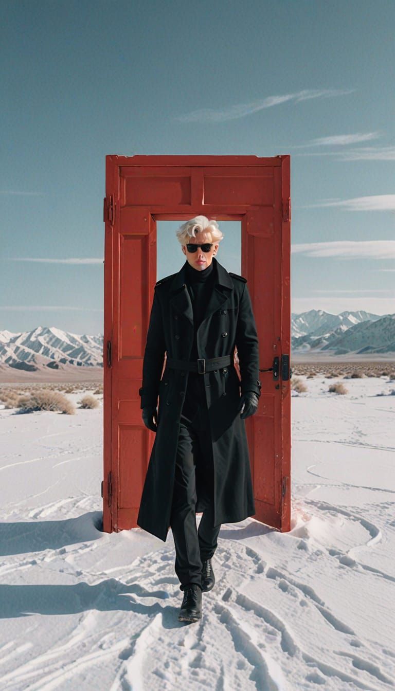 Icepunk Man at Red Door in Snow Desert