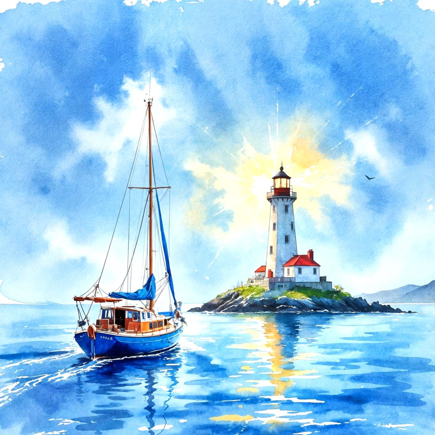 Sailing Boat and Lighthouse in Watercolor Style