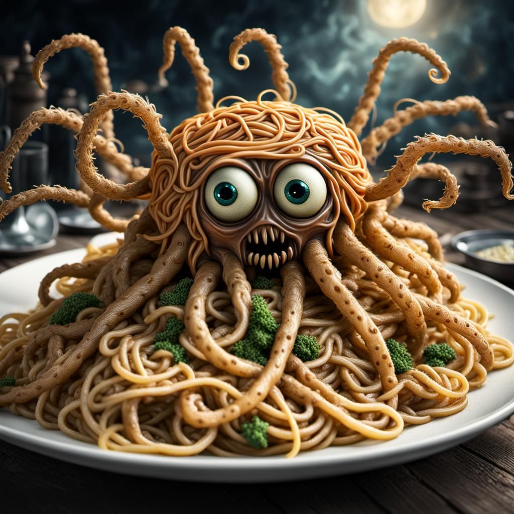 Hyperrealistic Flying Spaghetti Monster in Atmospheric Light...