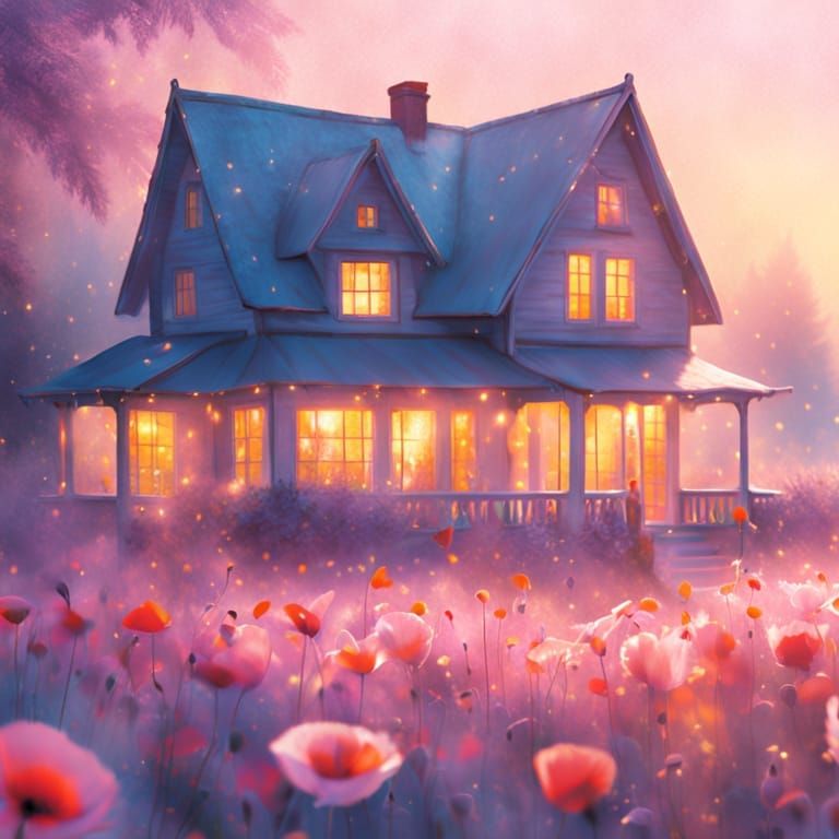 Glowing Poppy in Dreamy Haze with Lit House in Background